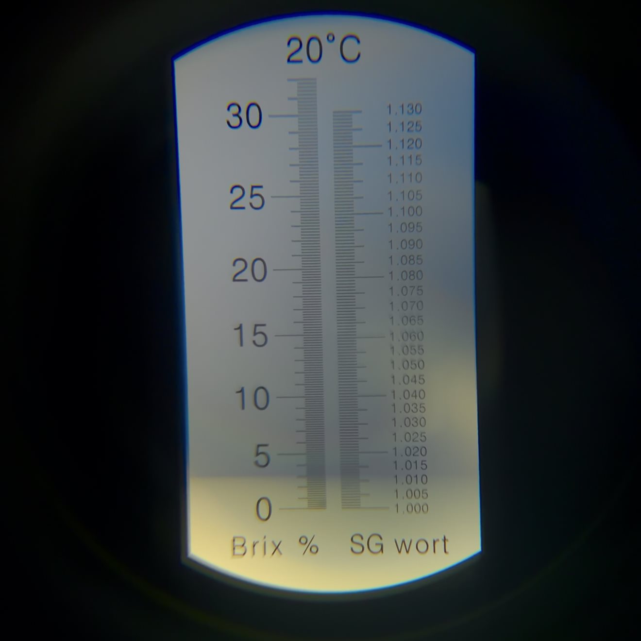 Refractometer showing store-bought stock at around 3% brix