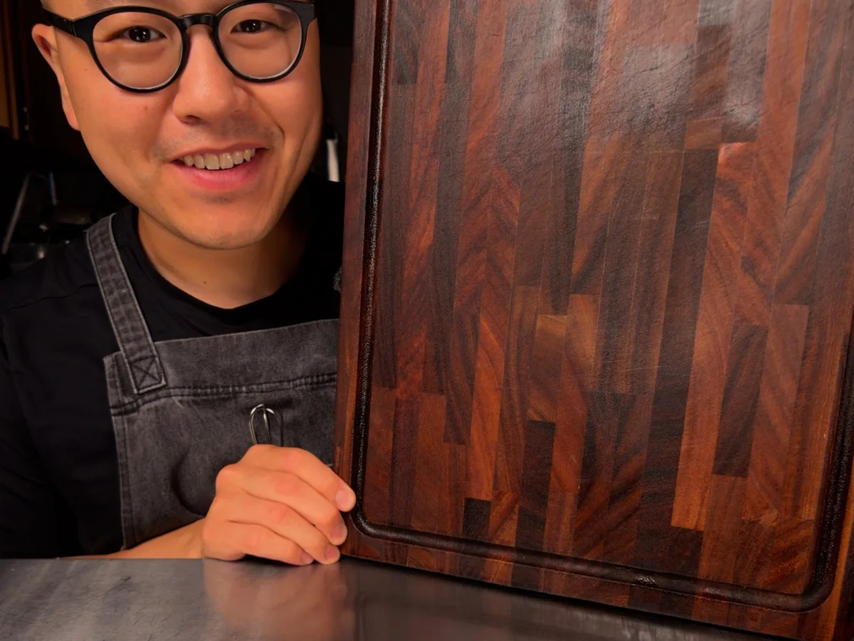 Holding up a finished end-grain wooden board