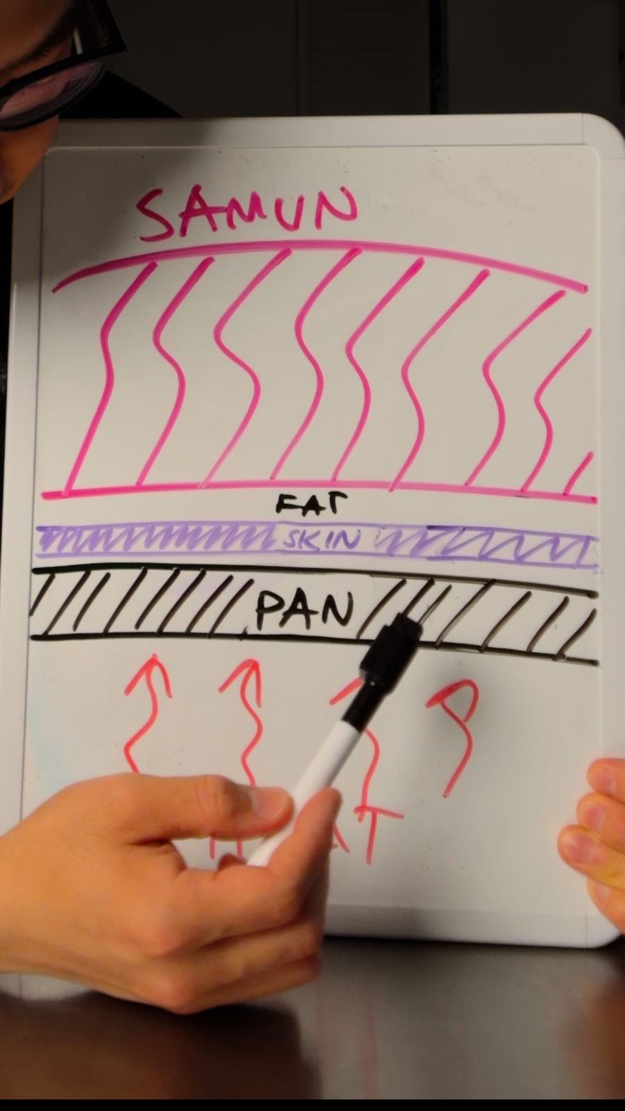 A whiteboard drawing showing heat rising from a pan up through the skin and fat layers into the flesh