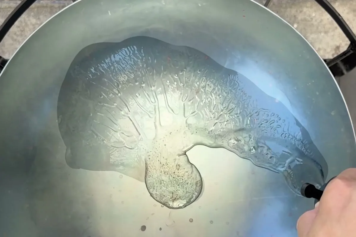 A thin film of oil polymerizing on the blued steel of a carbon steel wok