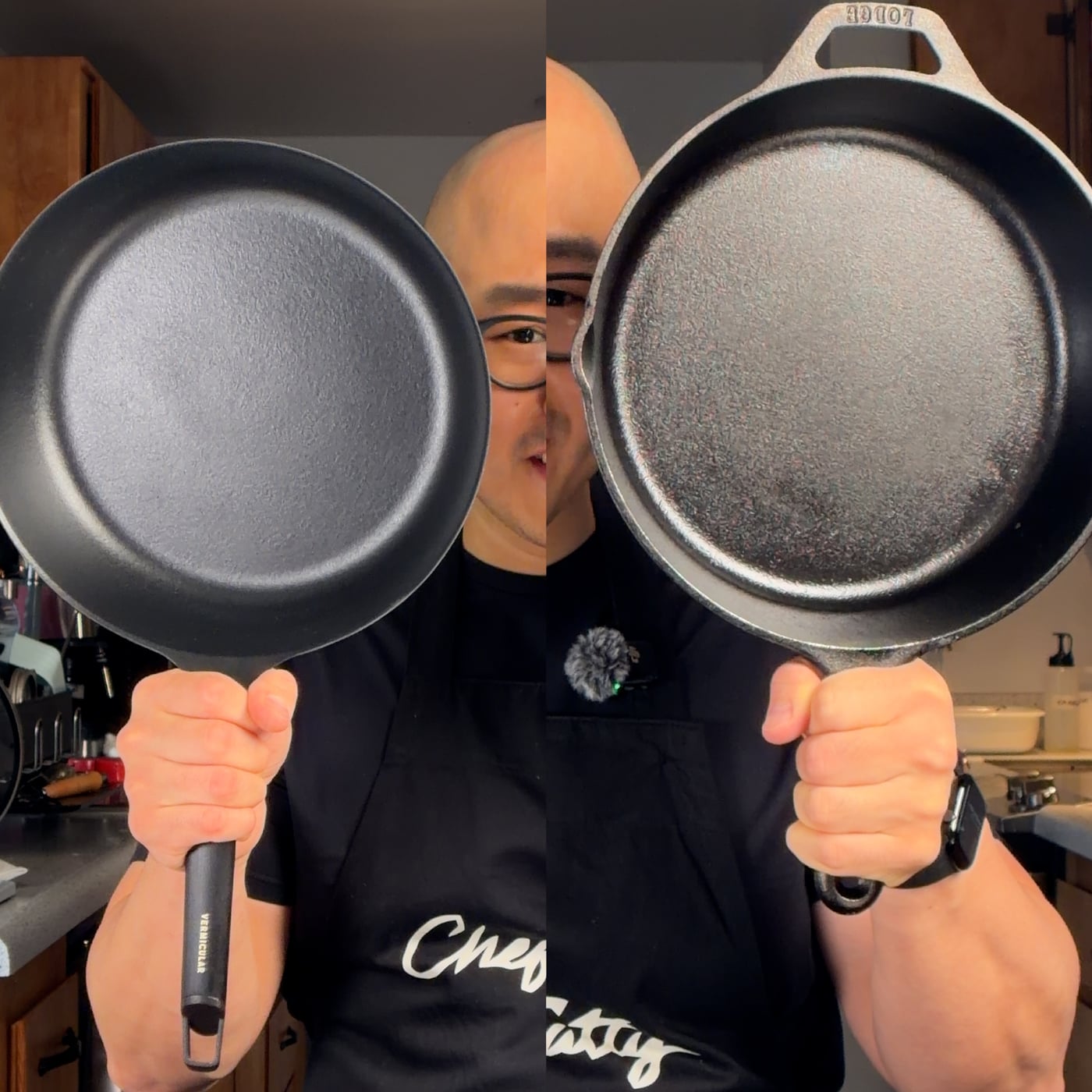 Side-by-side comparison of a thin enameled cast iron pan and a thick traditional cast iron skillet
