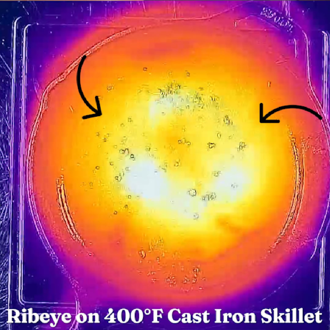 Thermal image of a ribeye searing on a traditional cast iron skillet at 400 degrees, showing hot center and cooler edges