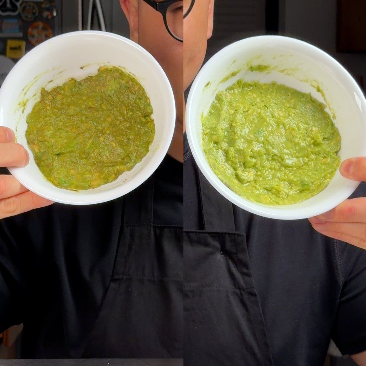 Two bowls of guacamole side by side, browned without acid on the left, bright green with lime juice on the right