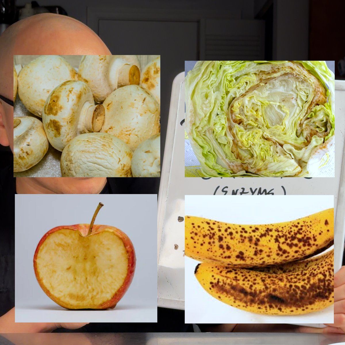 Browning foods caused by the same enzyme, mushrooms, cut apple, overripe bananas, and oxidized cabbage
