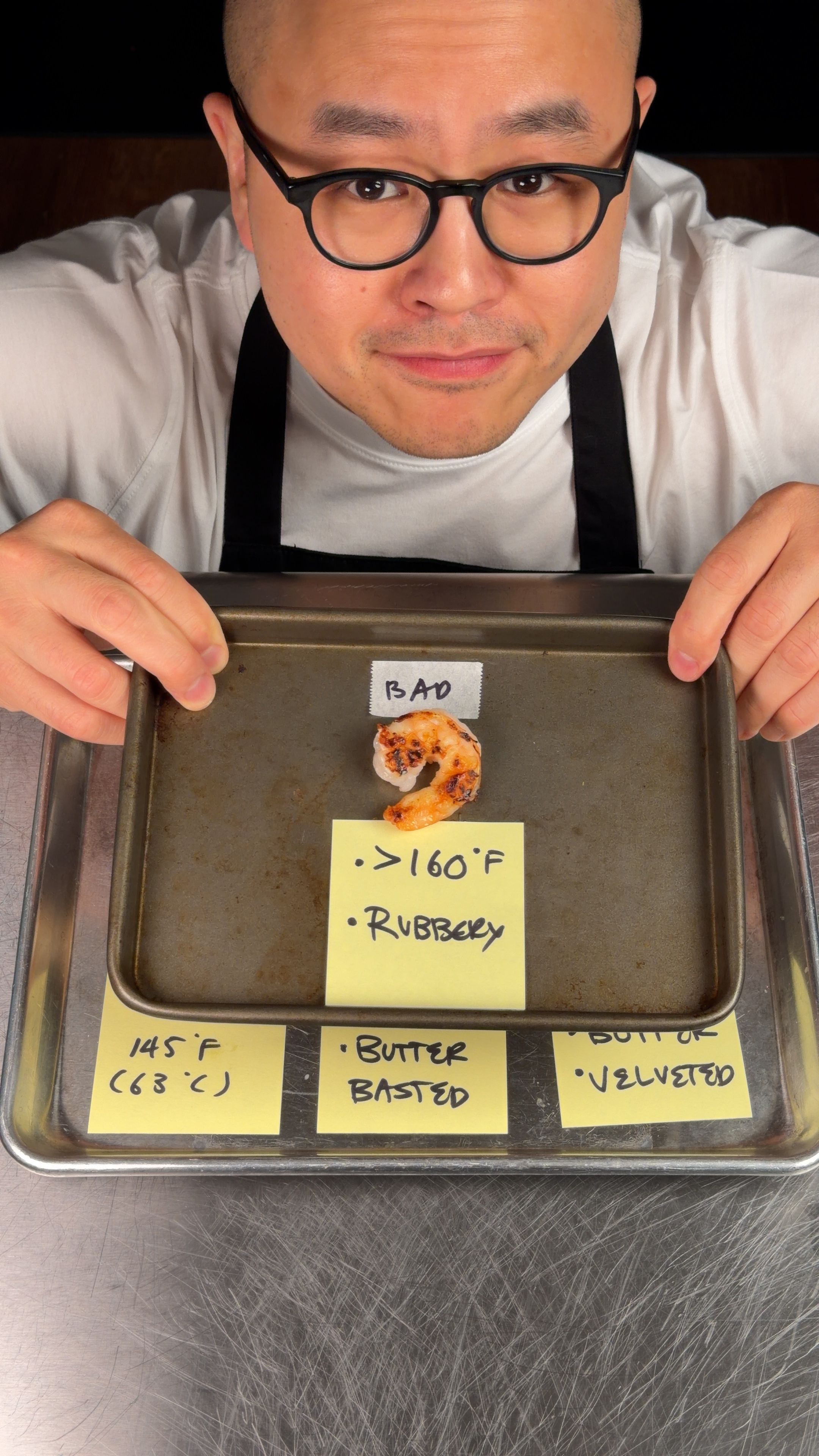 Overcooked shrimp labeled BAD at over 160°F, rubbery and tight